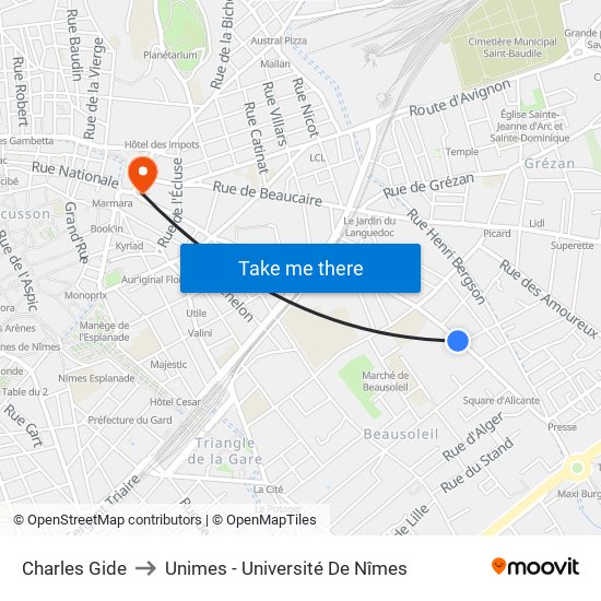 Charles Gide to Unimes - Université De Nîmes map