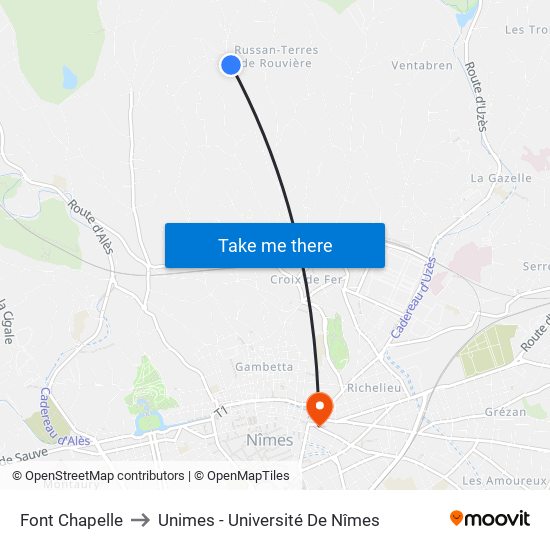 Font Chapelle to Unimes - Université De Nîmes map