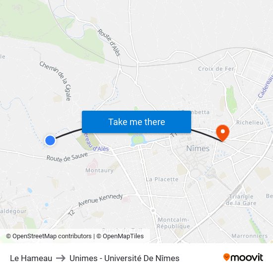 Le Hameau to Unimes - Université De Nîmes map