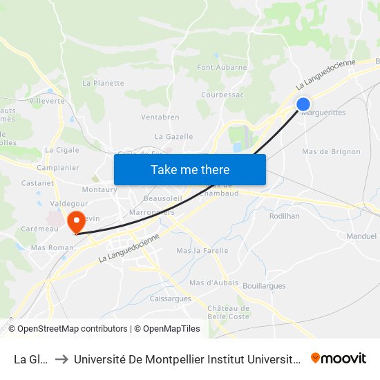 La Glaciere to Université De Montpellier Institut Universitaire De Technologie De Nîmes map