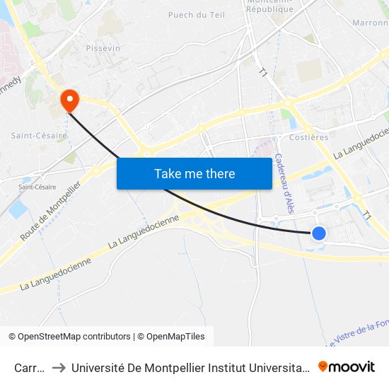 Carré Sud to Université De Montpellier Institut Universitaire De Technologie De Nîmes map