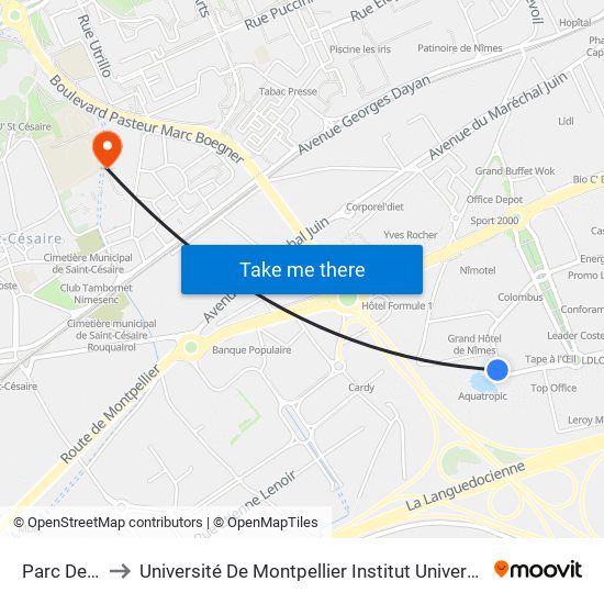 Parc Des Loisirs to Université De Montpellier Institut Universitaire De Technologie De Nîmes map