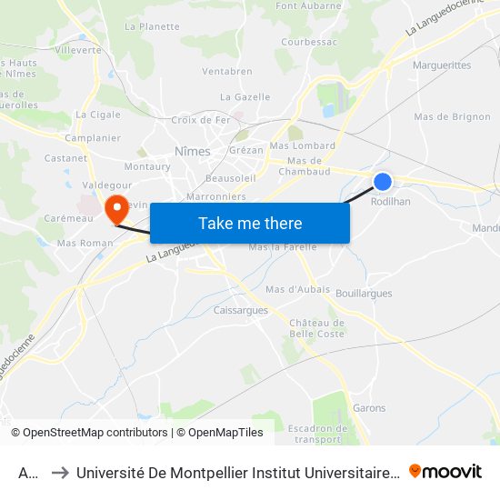 Auriol to Université De Montpellier Institut Universitaire De Technologie De Nîmes map