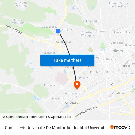 Camplanier to Université De Montpellier Institut Universitaire De Technologie De Nîmes map