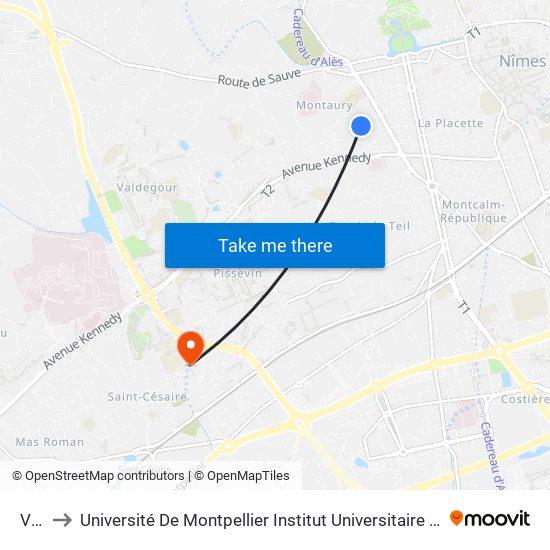 Viala to Université De Montpellier Institut Universitaire De Technologie De Nîmes map