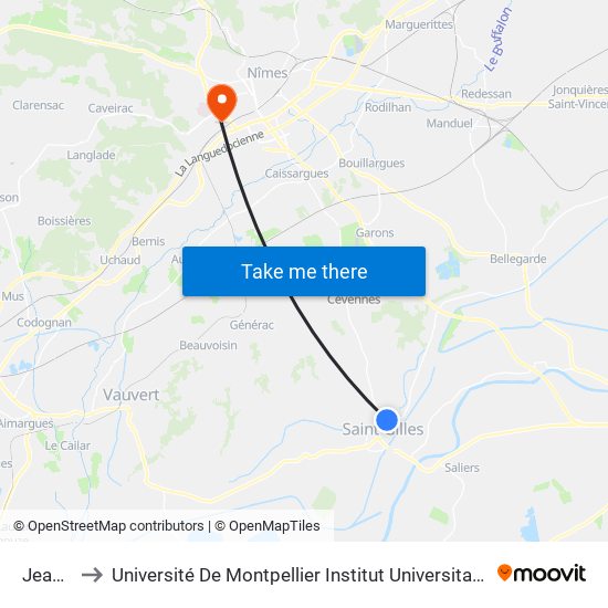 Jean Vilar to Université De Montpellier Institut Universitaire De Technologie De Nîmes map