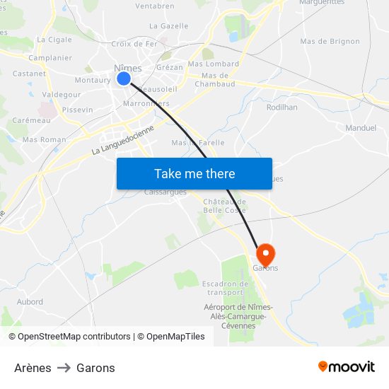 Arènes to Garons map