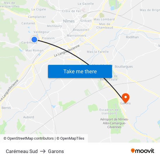 Carémeau Sud to Garons map