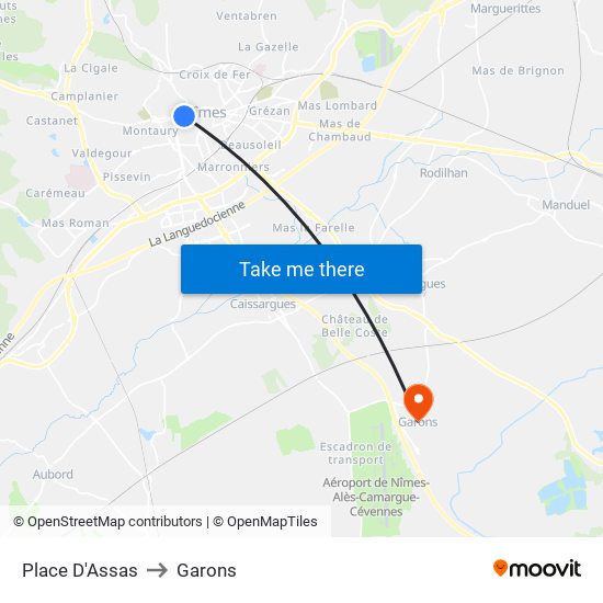Place D'Assas to Garons map