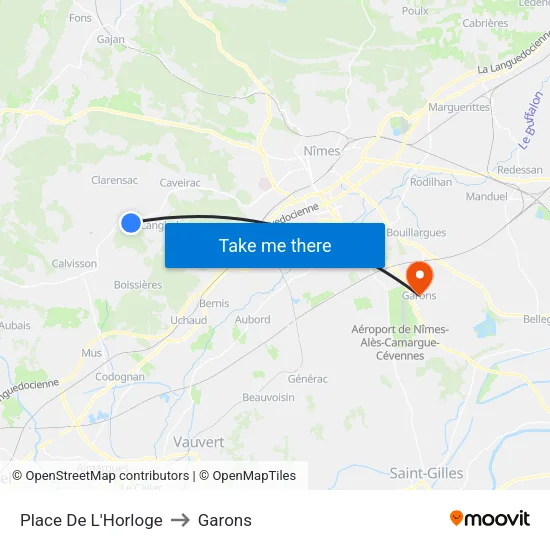 Place De L'Horloge to Garons map