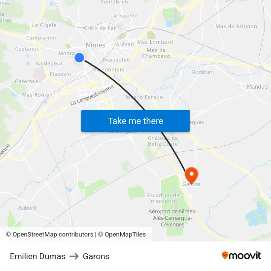 Emilien Dumas to Garons map