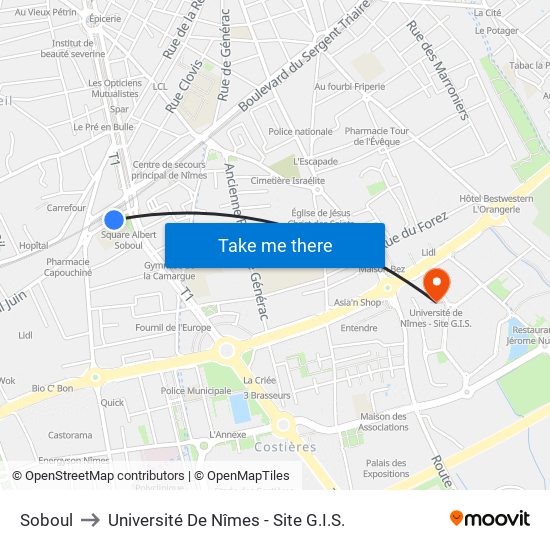 Soboul to Université De Nîmes - Site G.I.S. map