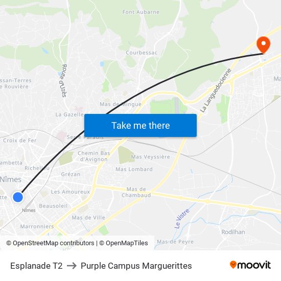 Esplanade T2 to Purple Campus Marguerittes map