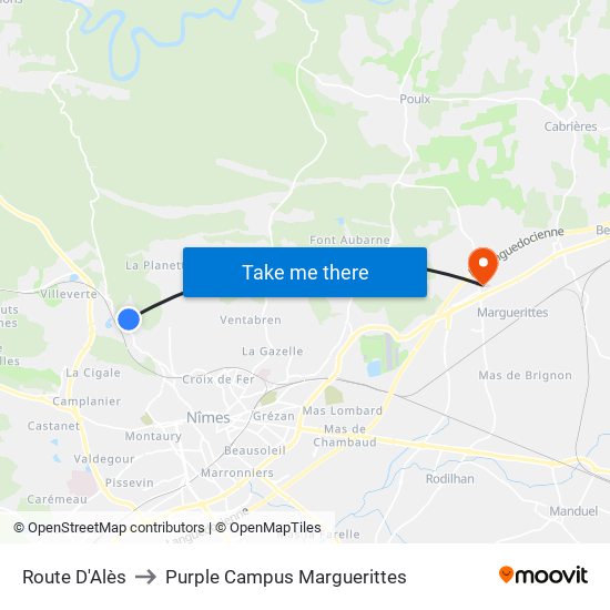 Route D'Alès to Purple Campus Marguerittes map