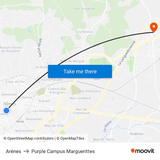 Arènes to Purple Campus Marguerittes map