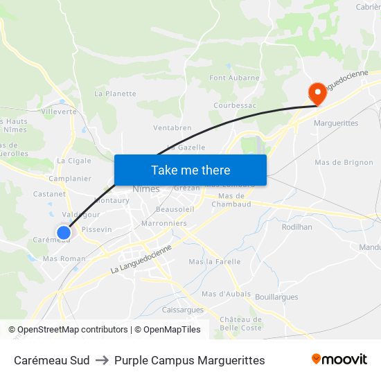 Carémeau Sud to Purple Campus Marguerittes map