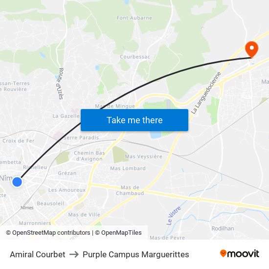 Amiral Courbet to Purple Campus Marguerittes map