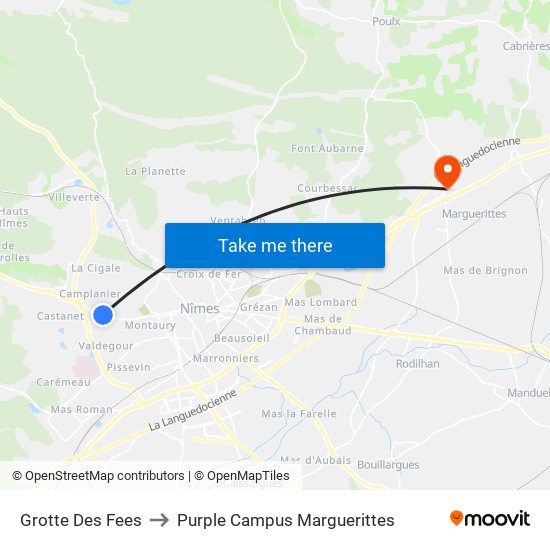 Grotte Des Fees to Purple Campus Marguerittes map