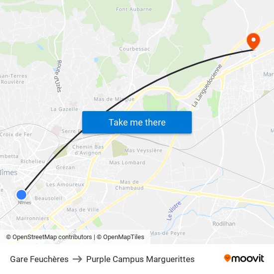 Gare Feuchères to Purple Campus Marguerittes map