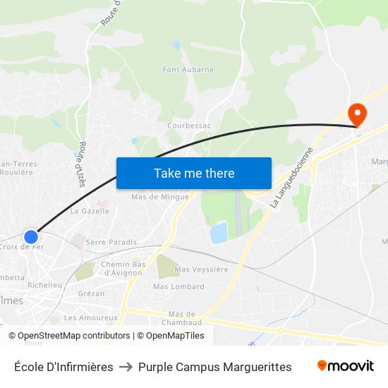 École D'Infirmières to Purple Campus Marguerittes map