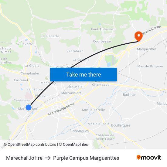 Marechal Joffre to Purple Campus Marguerittes map