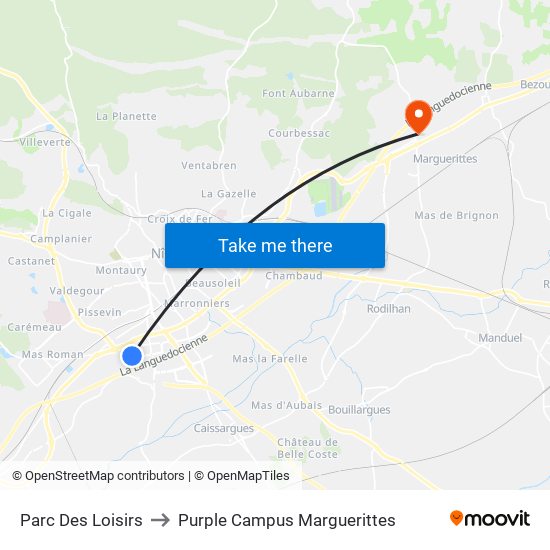 Parc Des Loisirs to Purple Campus Marguerittes map