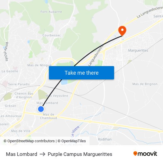 Mas Lombard to Purple Campus Marguerittes map