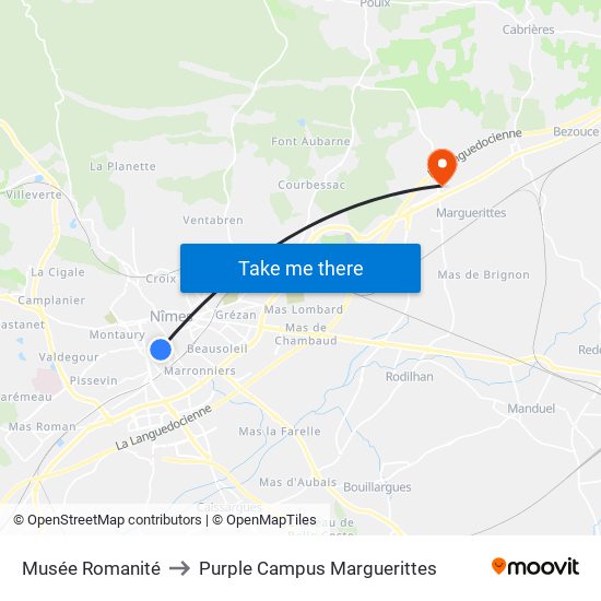 Musée Romanité to Purple Campus Marguerittes map