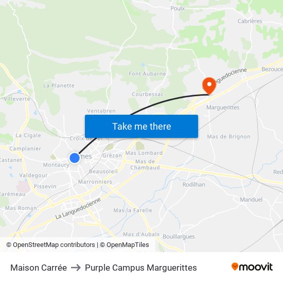 Maison Carrée to Purple Campus Marguerittes map