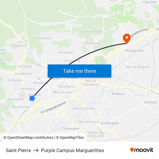 Saint Pierre to Purple Campus Marguerittes map