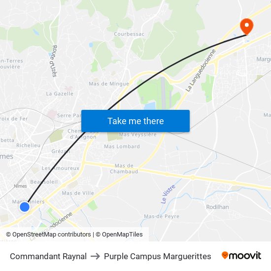 Commandant Raynal to Purple Campus Marguerittes map