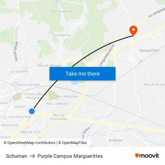 Schuman to Purple Campus Marguerittes map