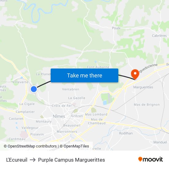 L'Ecureuil to Purple Campus Marguerittes map