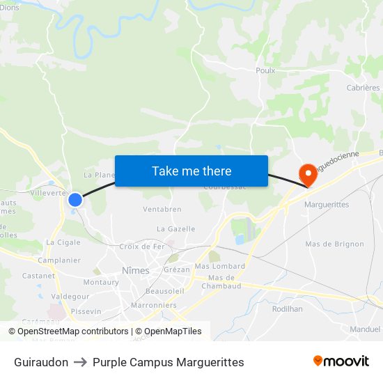 Guiraudon to Purple Campus Marguerittes map