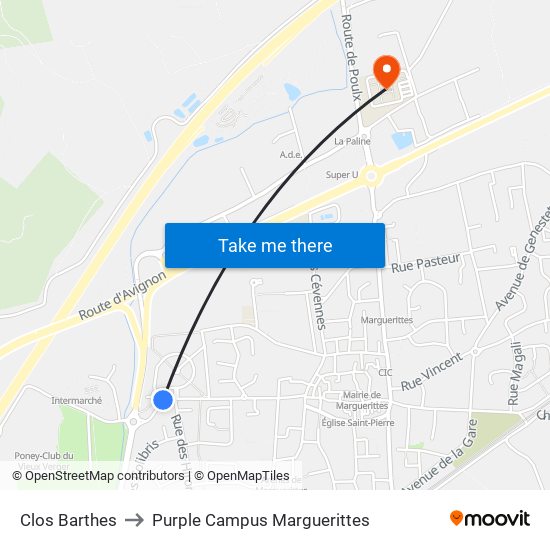 Clos Barthes to Purple Campus Marguerittes map