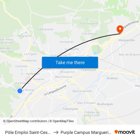 Pôle Emploi Saint-Cesaire to Purple Campus Marguerittes map