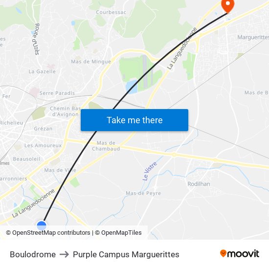 Boulodrome to Purple Campus Marguerittes map