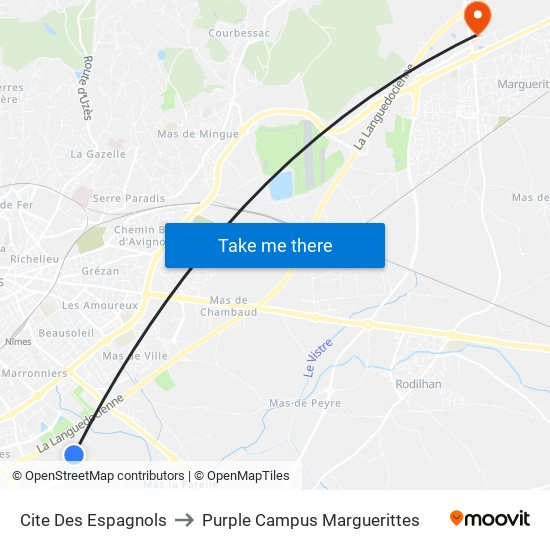 Cite Des Espagnols to Purple Campus Marguerittes map