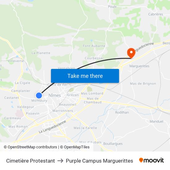 Cimetière Protestant to Purple Campus Marguerittes map