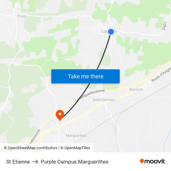 St Etienne to Purple Campus Marguerittes map