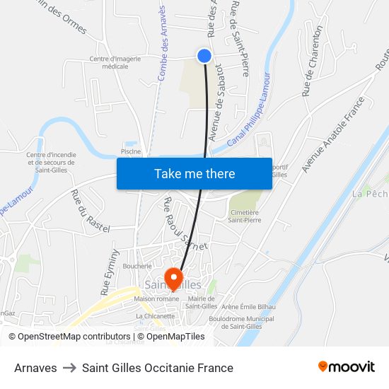 Arnaves to Saint Gilles Occitanie France map