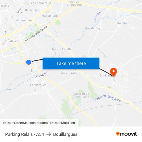 Parking Relais - A54 to Bouillargues map