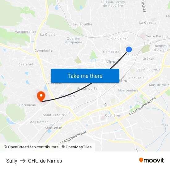 Sully to CHU de Nîmes map