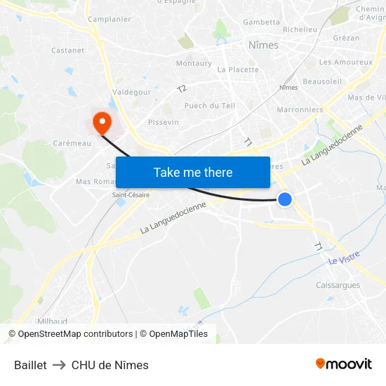 Baillet to CHU de Nîmes map