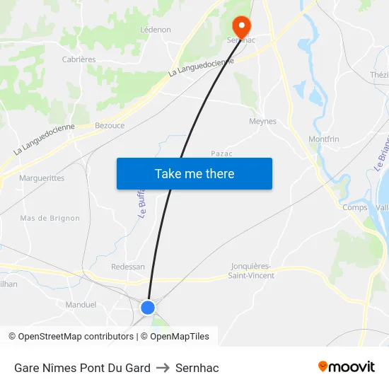 Gare Nîmes Pont Du Gard to Sernhac map