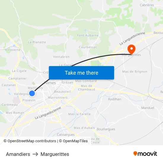 Amandiers to Marguerittes map
