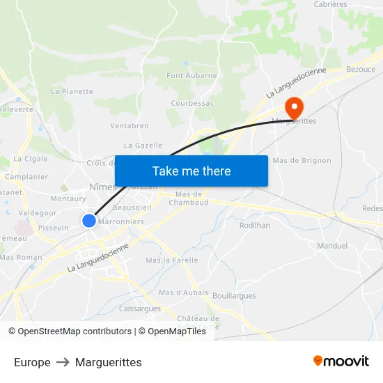 Europe to Marguerittes map