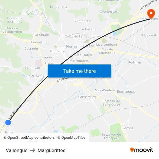 Vallongue to Marguerittes map