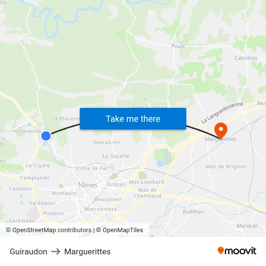 Guiraudon to Marguerittes map