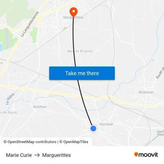 Marie Curie to Marguerittes map